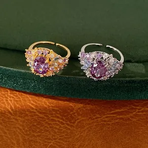 Bagues ouvertes élégantes en zircon ovale plaqué or 18 carats style vintage.