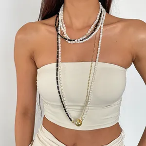 Collier Multicouches Vintage Perles Artificielles Pour Femmes Plaqué Or Fer Verre Acrylique Chaîne Chandail Bijoux
