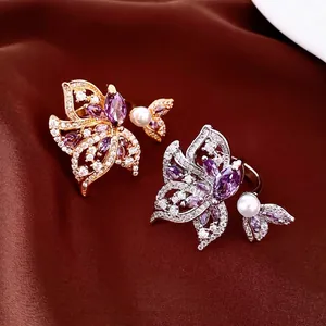 Anillo Abierto de Cobre Chapado en Oro 18K Circonia Ala para Mujer Minimalista Mariposa Artificial Perla Joyería Regalo