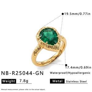 Dimensiones detalladas del anillo de acero con circón verde gota de agua, peso de 7,8 g