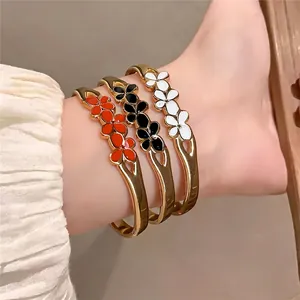 Bracelet Fleur en Acier Inoxydable Goutte d'Huile Style Européen et Américain Jonc en Émail Exquis pour Femme Bijoux