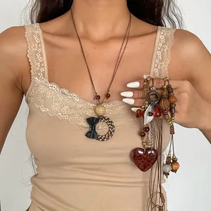 Vintage Wood Acrylic Leopard Heart Pendant Necklace For Women Bohemian Rattan Woven Long Chain Sweater Necklace Retro Unique Jewelry