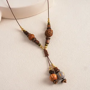 Detailed view of a vintage necklace featuring natural wooden beads and brown cord.