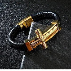 Bracelet Homme en Cuir de Vachette Tressé Croix Punk Acier au Titane Jonc Religieux Bijoux Hip Hop pour Lui