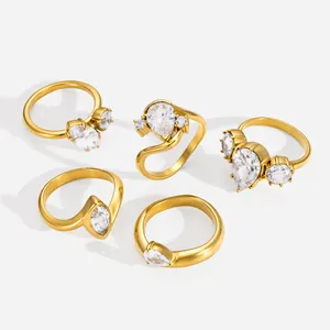 18K Gold Plated Stainless Steel Zirconia Ring For Women Classic Pear Marquise Cut Zircon Crystal Geometric Finger Ring Fashion Jewelry