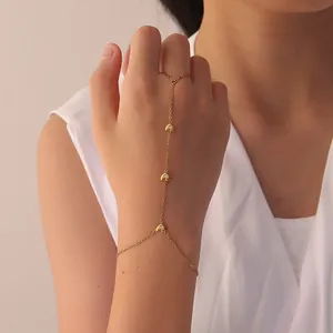Minimaliste Acier Inoxydable 304 Plaqué Or Véritable Cœur Bracelet Connecté À La Bague Pour Femme Strass Chaîne de Main Bijoux