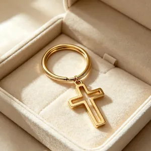 Detalle de un llavero de cruz hueca minimalista dentro de una caja de regalo de terciopelo