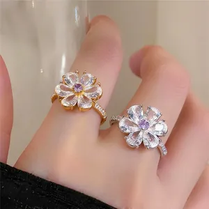 Luxus Zirkonia Blume Offener Ring Für Damen Verstellbarer Kupfer Fingerring Funkelndes Lila Herz Blumen Schmuck Mode Accessoire