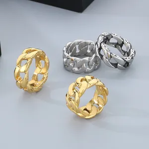 Anillos de cadena cubana de acero inoxidable estilo punk con relieve para hombre en oro y plata