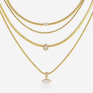 Stainless Steel Zirconia Pendant Necklace For Women Gold Plated Layered Marquise Pear Cut CZ Clavicle Chain Jewelry Gift