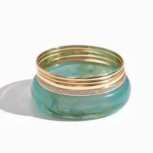 Elegante 5-delige vintage armbandenset van blauwgroen marmerhars en goud metaal