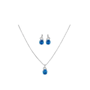 Elegantes silbernes Schmuckset mit blauem Zirkon und Blattanhänger-Halskette und Ohrringen