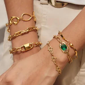 Pulsera de Acero Inoxidable Chapada en Oro para Mujer Strass Verde Esmeralda Eslabones Geométricos Estrella Joyería de Moda