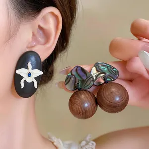 Vintage Retro Ethnic Style Wood Stud Earrings For Women With Silver Post Oval Floral Orchid Heart Shell Pattern Earrings