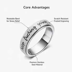 Detail view of the rotatable stainless steel ring with keep fucking going engraving.
