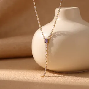 Women Fashion Geometric Y-Shaped Stainless Steel Necklace With Rectangular Purple Rhinestone Inlaid Gold Jewelry Gift
