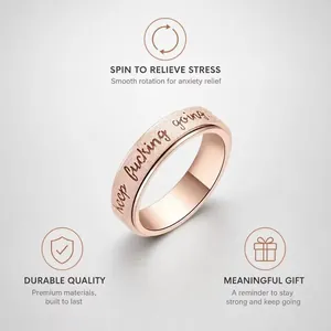 Detailed view of rose gold spinning ring engraved with keep fucking going