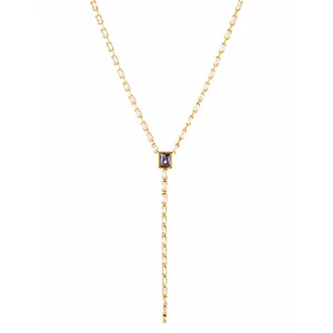 Detailed view of gold stainless steel Y-shaped necklace with purple and clear zircons