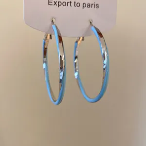 Détail de boucles d'oreilles créoles torsadées en émail bleu clair et argent poli