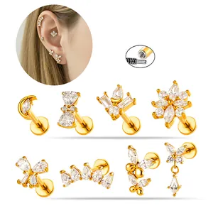Joyas de Piercing de Acero Inoxidable Rosca Interna con Circonia Incrustada Mariposa Flor Luna Pendiente Hueso Oreja Labio para Mujer Hombre