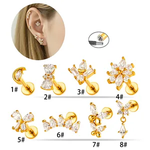 Juego de 8 piercings de labret de acero inoxidable con circonitas cúbicas