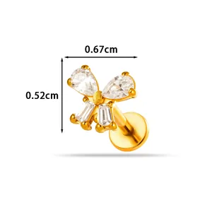 Piercing labret de mariposa dorado con circonitas cúbicas, 0,67 cm de ancho