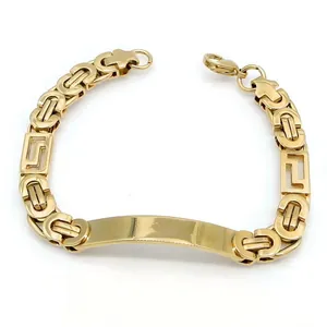 Vintage men's Byzantine titanium steel bracelet with engravable ID plate, gold finish