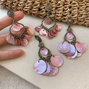 Vintage bronze earrings with pink iridescent shell tassels and rhinestones for beach vacation