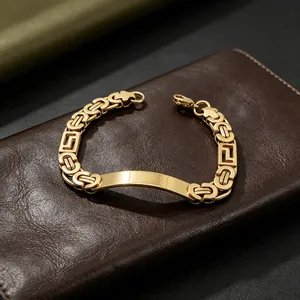 High-quality detailed view of men's gold Byzantine link bracelet with blank engraving plate