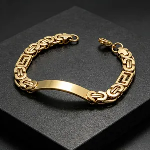 Elegant gold Byzantine titanium steel chain bracelet for men featuring a curved ID plate detail