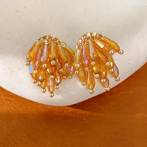 Light Luxury Glass Tassel Stud Earrings With Silver Earring Post Gold Plated Copper Amber Beaded Fan Earrings For Women