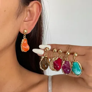 Western Retro Irregular Geometric Alloy Resin Ink Wash Stud Earrings With Silver Earring Post Personalized Jewelry For Women