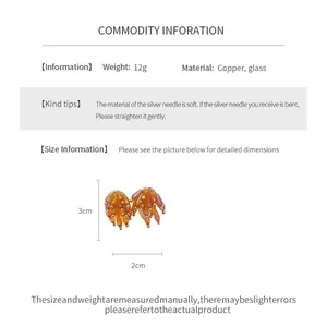 Detailed size and material info for amber glass tassel stud earrings with silver needles