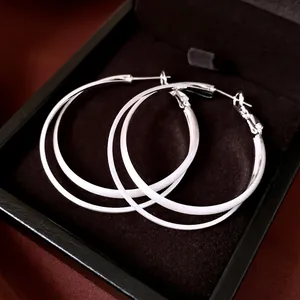 Boucles d'Oreilles Créoles Circulaires Double Couche Minimalistes avec Tige en Argent Boucles d'Oreilles Géométriques en Cuivre Argent