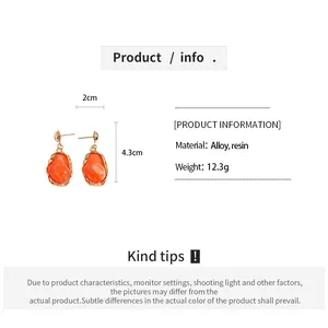 Comprehensive detail chart showing dimensions and alloy resin materials for orange earrings