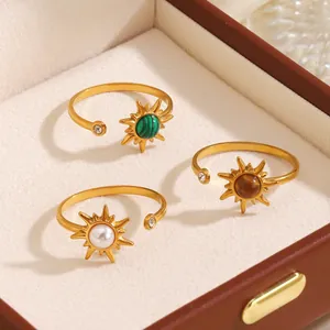 Anillo Ajustable Abierto de Acero Inoxidable con Estrella de Rayos de Sol y Perla Artificial Diamante de Imitación Joyería de Moda para Mujer Vacaciones