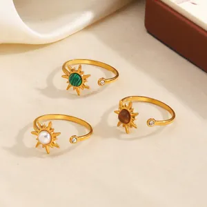 Anillos abiertos de sol dorados con malaquita perla y ojo de tigre joyas minimalistas