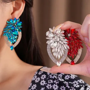 Boucles d'oreilles fleurs en cristal exagérées avec strass colorés en forme de larme