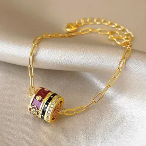New Chinese Style Vintage Gold Plated Copper Bracelet For Women Elegant Enamel Rhinestone Round Charm Bracelet Luxury Jewelry Gift