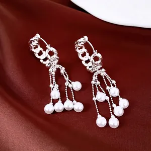 Luxe Zilveren Legering Strass Ketting Ronde Kunstparel Kwastje Oorbellen Geometrische Oorringen Voor Vrouwen Sieraden