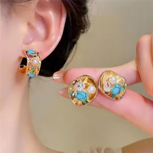 Vintage Gold Color Round Stud Earrings With Artificial Pearl Zirconia Inlay Artistic Elegant Small Design Jewelry For Women Gift