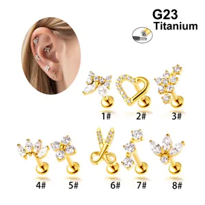 Bijoux de piercing en titane G23 avec clous en cristal en forme de cœur papillon et ciseaux