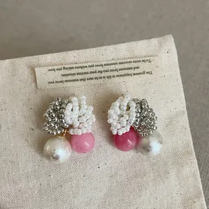 Korean Ins Style Handmade Beaded Artificial Pearl Stud Earrings For Women Unique Pink White Round Lightweight Luxury Jewelry