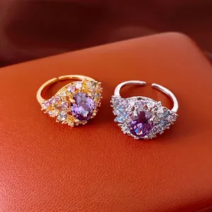 Luxe 18K Vergulde Zirconia Ovaal Open Ring Voor Vrouwen High-End Temperament Wijsvinger Verstelbaar Koperen Ring Paarse Sieraden