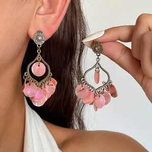 Vintage Legierung Pink Muschel Runde Quaste Ohrstecker Mit 925 Sterling Silber Stift Strass Eingelegt Westlicher Nische Schmuck Für Damen