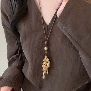 Böhmisch Braun Lederschnur Lange Pulloverkette Halskette Mit Muschel Quaste Und Matt Goldperle Für Damen Nische Vintage Schmuck