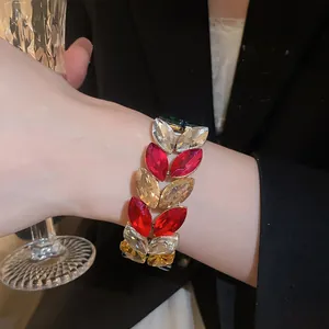 Detail view of luxury rhinestone wheat ear elastic bracelet on wrist