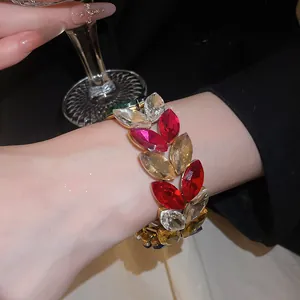 Close-up of sparkly rhinestone stretch bracelet with elegant wheat ear design for evening gala