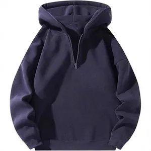 Felpa oversize blu scuro con mezza zip e fodera in pile ispessito per stile streetwear