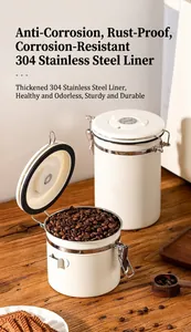 Detailed view of 304 stainless steel coffee canisters filled with roasted beans